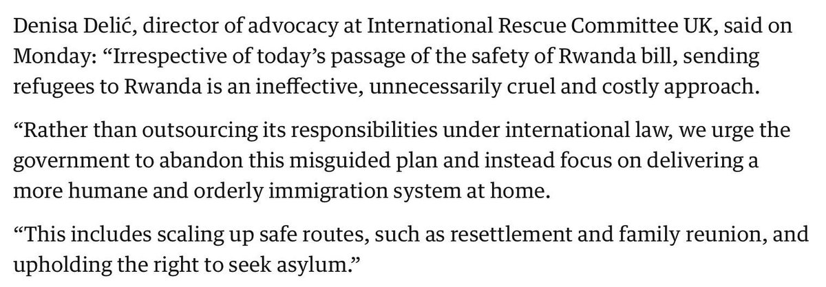 UK passes bill to send asylum seekers to Rwanda - but we still need to keep up our opposition to these cruelty at the heart of the UK's approach to immigration - this, from Denisa Delić of international rescue committee UK really stood out to me buff.ly/4b4Hsq9