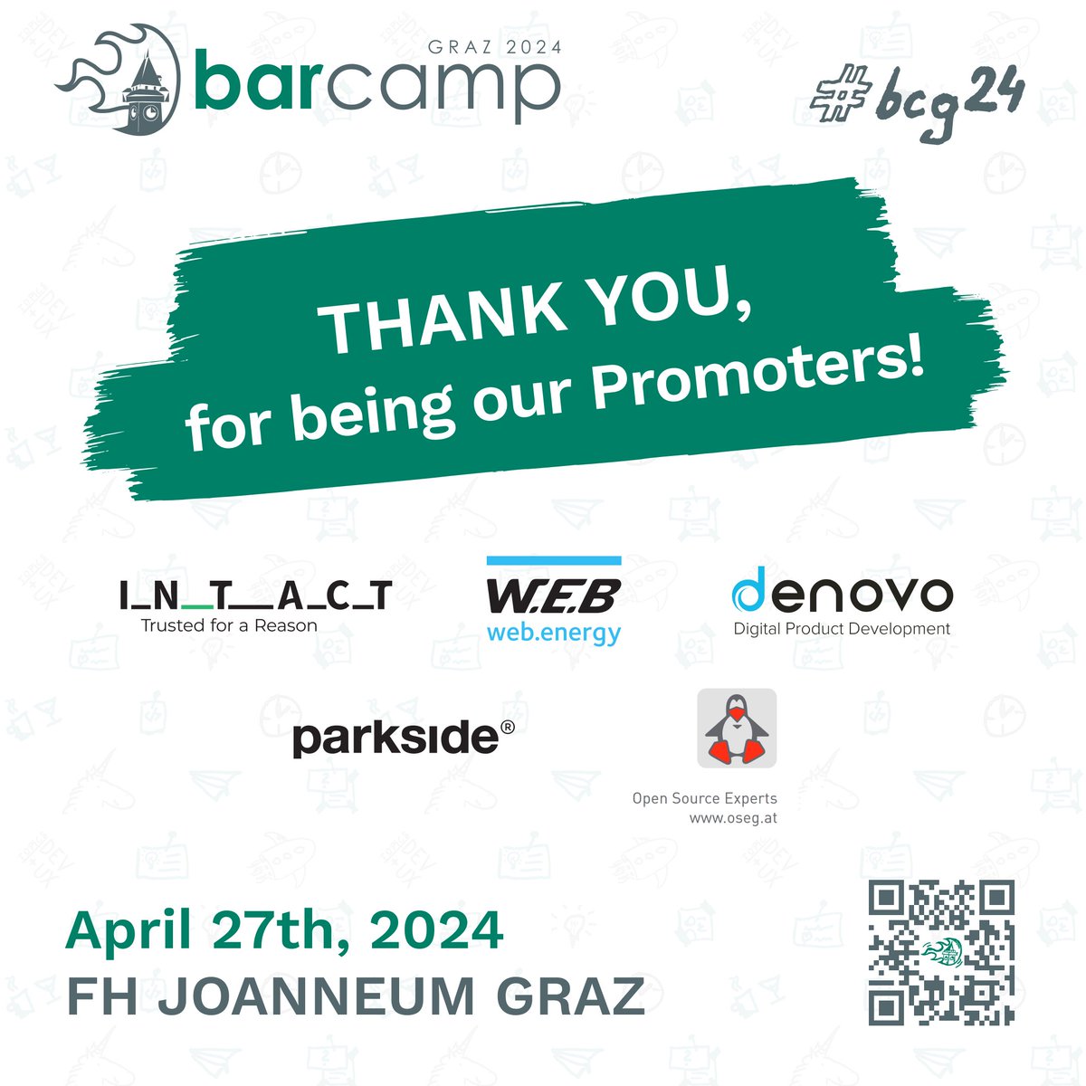 🌟 Shout out to our incredible promoter sponsors! Thanks to your enthusiastic promotion, #bcg24 will be a sensational event.

Together, let's make this Barcamp Graz truly remarkable! 🎉🚀

#bcg24 #barcamp #graz #fhjoanneum
#thinkoutsidethebox #nonstoplearning #ux #userexperience