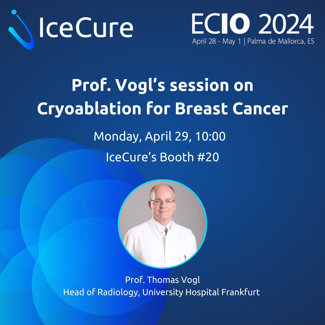Meet Prof. Thomas Vogl, Head of the Radiology Department, University Hospital of Frankfurt, at #ECIO2024 at @IceCureMedical’s booth #20, Monday, April 29, at 10:00. @leigov will share his experience with #ProSense and his poster presentation on #cryoablation for #breastcancer.