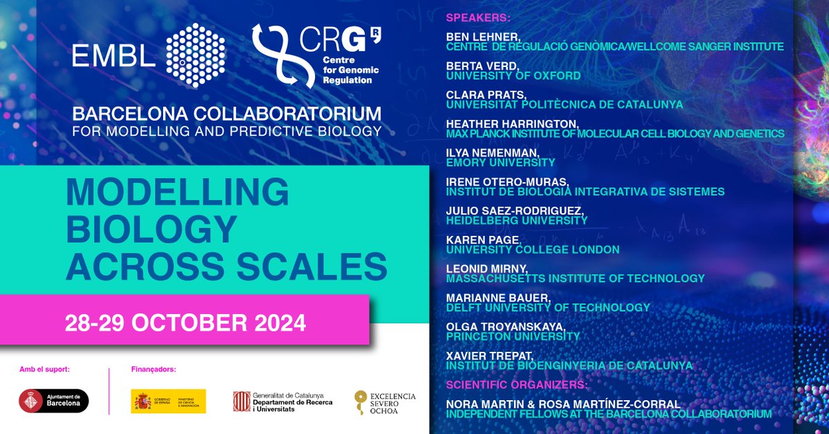 👉 2024 @BCNCollab Symposium 'Modelling Biology across scales' A really exciting line-up of speakers and the opportunity for participants to present their work through a flash talk and at the poster session. 📅28-29 Oct 📍@the_prbb Auditorium 🔗 tinyurl.com/BCNCollab24
