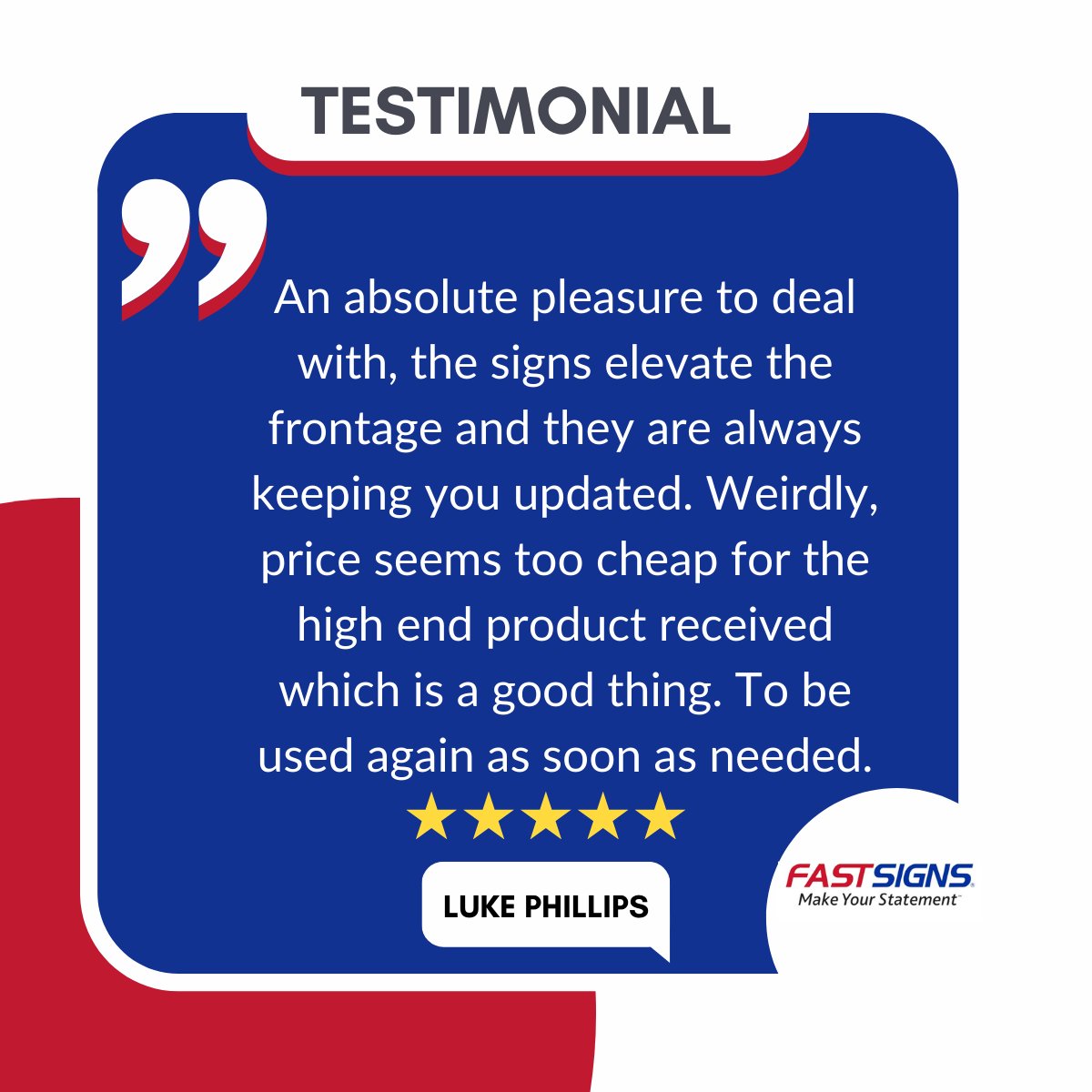 Doesn't it give you a real buzz when you receive a review like this?

We are competitively priced as we manufacture the vast majority of products in-house which is unlike a lot of other companies in the marketplace today.

#TestimonialTuesday #Signage #FastsignsHull