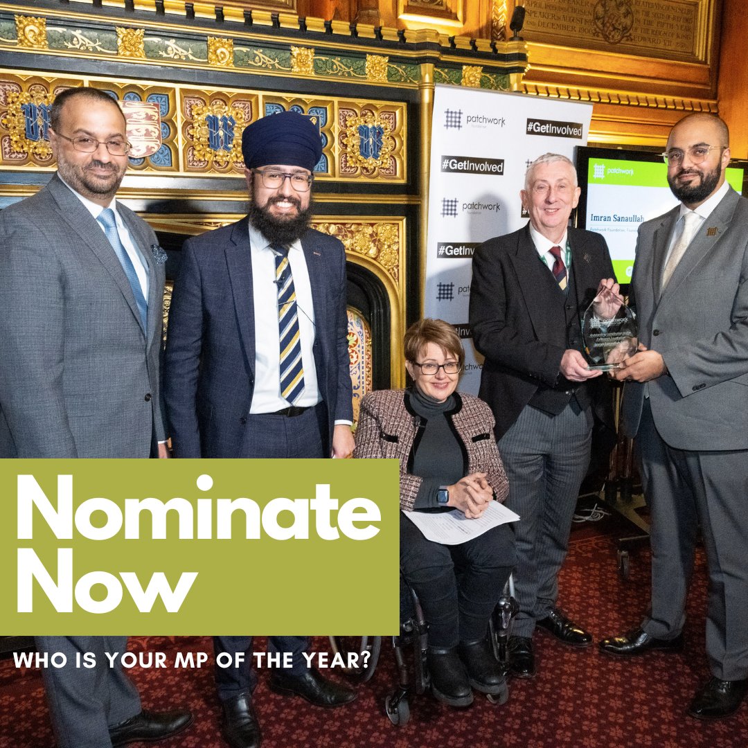 Our #MPOTYAwards celebrate best practice and highlight the work of MPs who are doing incredible work advocating for underrepresented and disadvantaged communities. Have you been inspired by an MP? Nominate them as an MP of the Year now: patchworkfoundation.org.uk/our-work/mp-of…