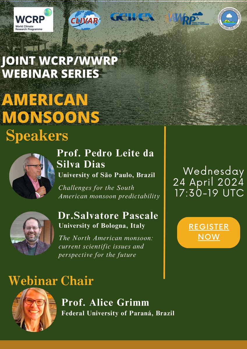 Catch the fourth webinar in our series, focusing on the dynamics of American Monsoons! 🌀 🗓️ Date: 24 April 2024 ⏰ Time: 17:30 - 19:00 UTC 🖥️ Chair: Prof. Alice Grimm, Federal University of Paraná, Brazil 🔗 Register Now: Join the Webinar: loom.ly/StA29vo