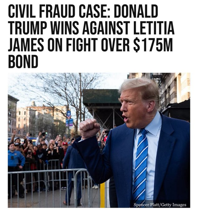 And in other good news....

Judge rules against NY attorney general Leticia James, says Trump's $175M judgment bond will stand.

Big Leticia  argued that the court should void Trump’s slashed judgment of $175 million in his non-jury civil fraud trial. She  questioned whether the