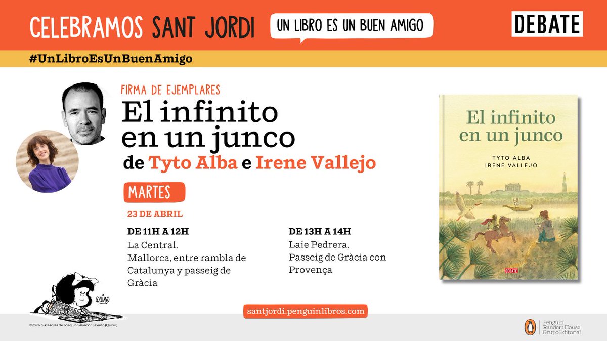 @penguinlibros ✍️ @irenevalmore y Tyto Alba firman ejemplares de la adaptación gráfica de «El infinito en un junco» ⬇️ ⏰ 11-12h 👉 @La_Central_ ⏰ 13-14h 👉 Laie Pedrera (@laietana)