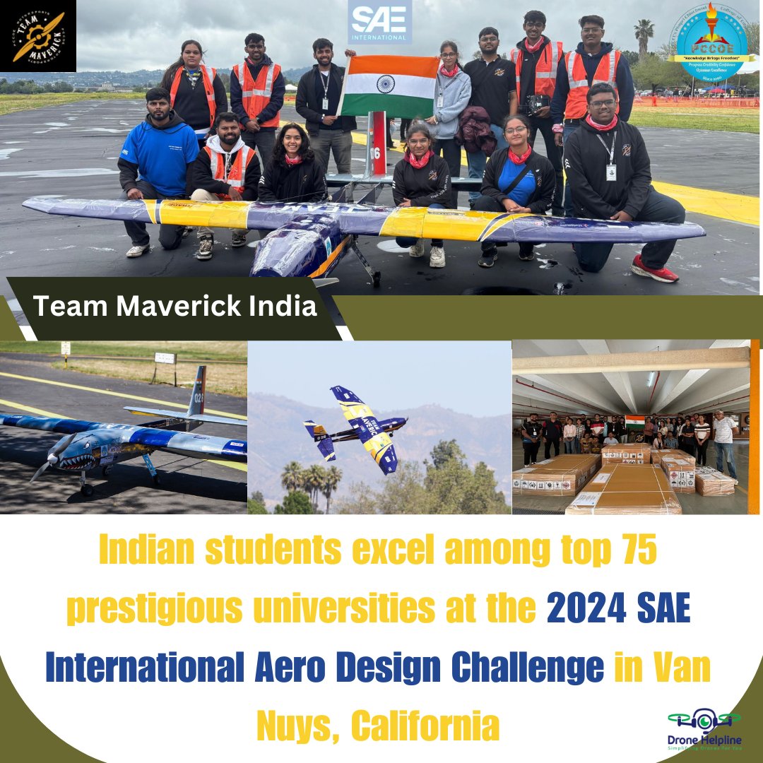 Team Maverick India excelled at #SAEAeroDesignChallenge 2024 in Van Nuys, CA! 
10th overall
4th in Mission Requirement
16th in Design Report
21st in Technical Presentation
#drones #dronehelpline #saeinternational #inspiration #dronetech
@SAEIntl | @TeamMaverick_In | @pccoe_pune