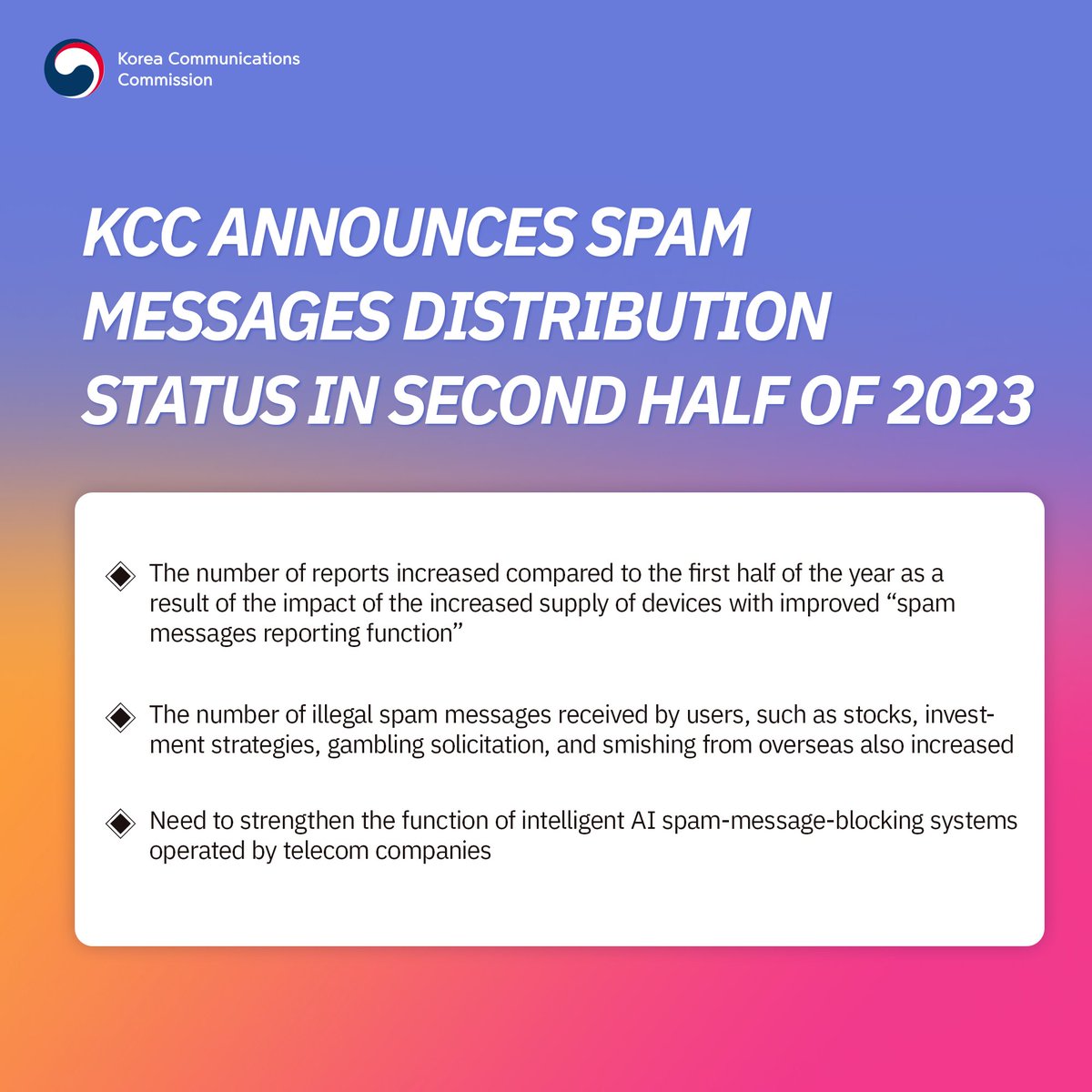 KCC ANNOUNCES SPAM MESSAGES DISTRIBUTION STATUS IN SECOND HALF OF 2023

For details
▶blog.naver.com/kcc1335/223424…

#KCC #KoreaCommunicationsCommission
#spam_message_distribution_status