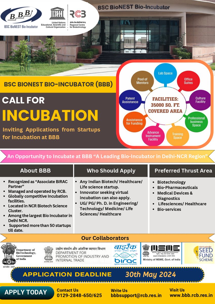 Calling all innovators! We are excited to announce that applications are now open for incubation at one of the best and leading Bio-Incubators in Delhi-NCR. The last date to apply is 30th May 2024. Visit bbb.rcb.res.in for more info. Contact: +91-129-2848606/625