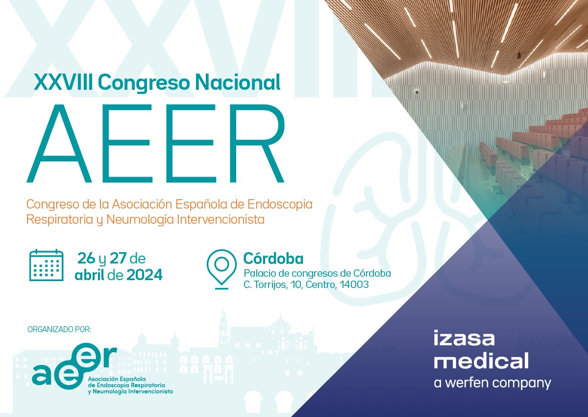 El próximo 26 y 27 de abril🔜 estaremos presentes en el XXVIII Congreso Nacional de la #AEER en Córdoba.

¡Os esperamos en el stand número 3🙋!

#IzasaMedical #broncoscopia #bronchoscopy