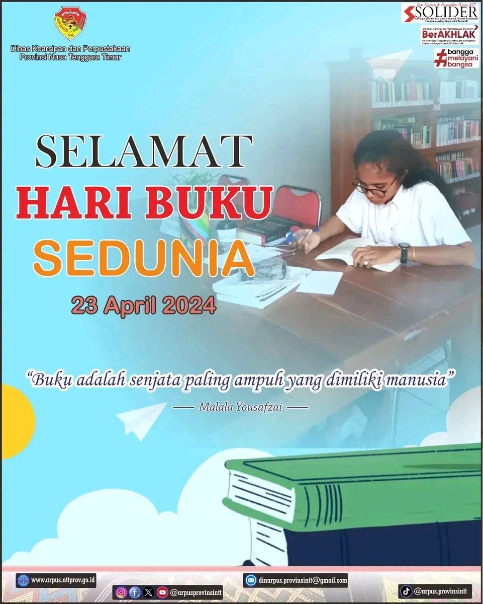 'Buku adalah senjata paling ampuh yang dimiliki manusia' Teruslah membaca dan temukan keajaiban disetiap halaman. Selamat Hari Buku Sedunia! #arpusprovinsintt #haribukunasional #worldbookday