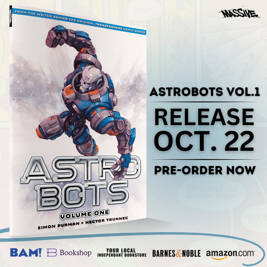 Ahead of #astrobots Arc 2, here's your chance to preorder the collected edition/TPB of the first arc, out this October. From @Massivepublish, me and @Trunnec: