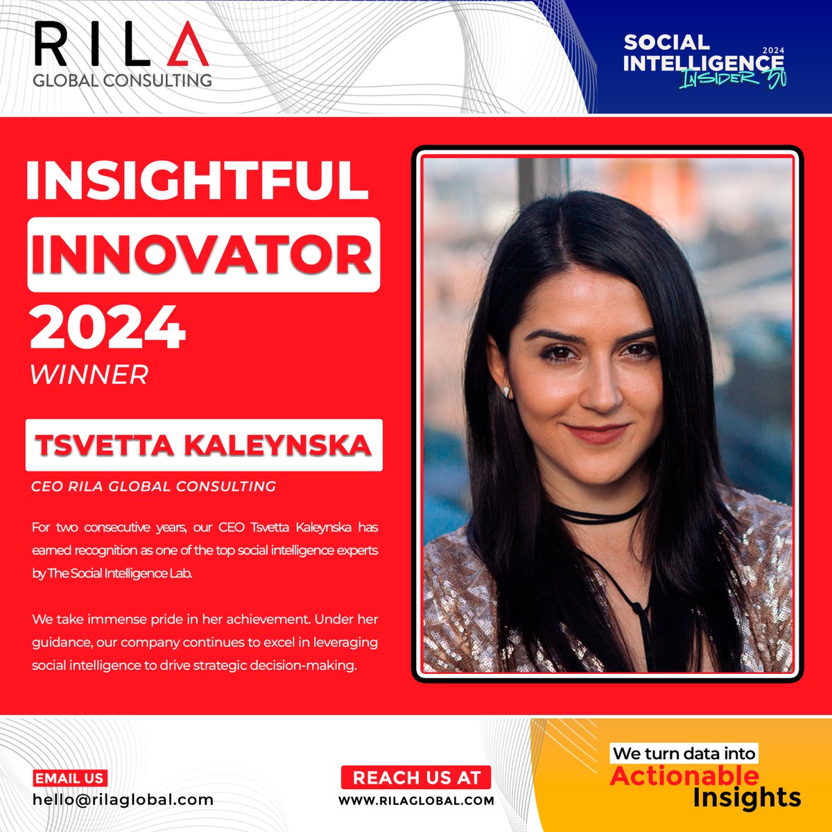For 2 consecutive years our CEO Tsvetta Kaleynska has earned recognition as a top social intelligence expert by The Social Intelligence Lab. Her leadership continues to drive us forward, constantly innovating and exceeding expectations. ✊ 

#sociallistening #rilaglobalconsulting
