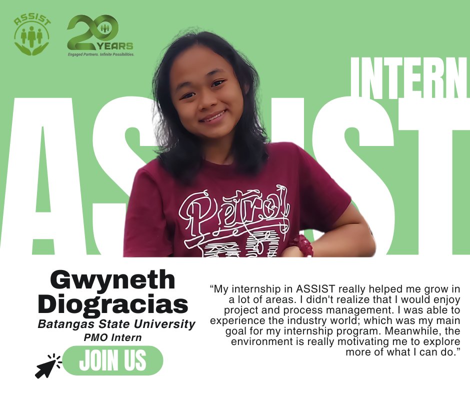 [INTERN SPOTLIGHT]  

Let's shine the spotlight on one of our interns, Gwyneth! 

Cheers for embracing new experiences and seizing every opportunity to excel! 

Apply now and don't miss out on this opportunity! #PartnersForProgress #TestimonialTuesday #internship #applynow