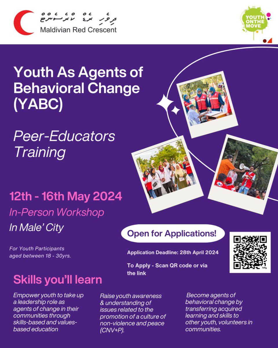 📣 Open for Applications! Help us inspire positive action in communities! Become a Peer-Educator of our Youth As Agents of Behavioural Change (YABC) Programme 12 - 16 May 2024 in Male’ City. More info on training - bit.ly/4aAsuIX Apply via - bit.ly/445r1Yl