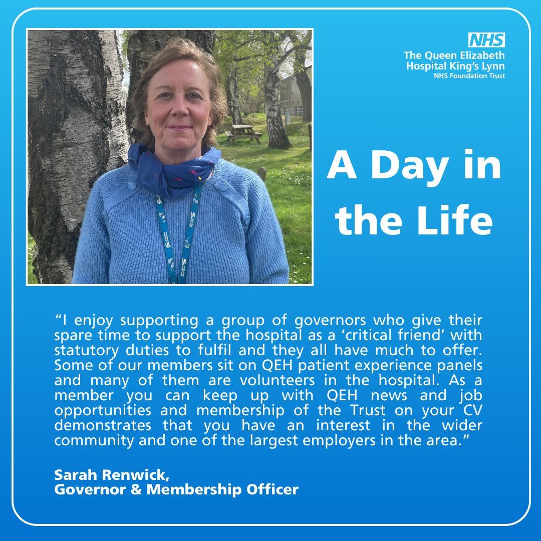 Interested in joining #TeamQEH? Then pop along to our NHS Careers Clinic at the Job Centre Plus in King's Lynn and chat with colleagues 10am to 3pm on Sat 27 April. Today we share ‘A Day in the Life’ of Sarah, Governor & Membership Officer. Find out more qehklmediahub.com/2024/04/09/nhs…