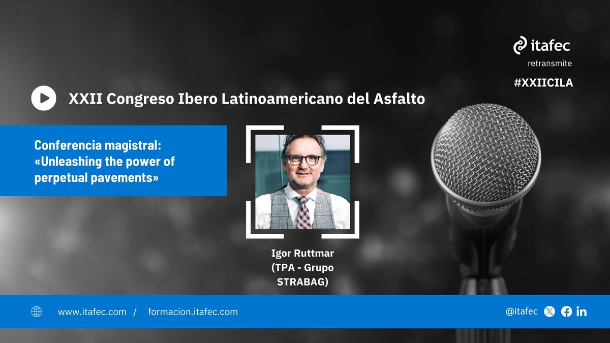 Itafec's tweet photo. La conferencia magistral de @IgorRuttmar CEO de TPA (Grupo STRABAG) abre la segunda jornada del #XXIICILA:

🗣️«Unleashing the power of perpetual pavements»
📍 Auditorio García Lorca

Programa 👆 https://t.co/P5qu0dPQs6
Streaming 📹 https://t.co/i3y50tYvJj https://t.co/WyIX2Ggku4
