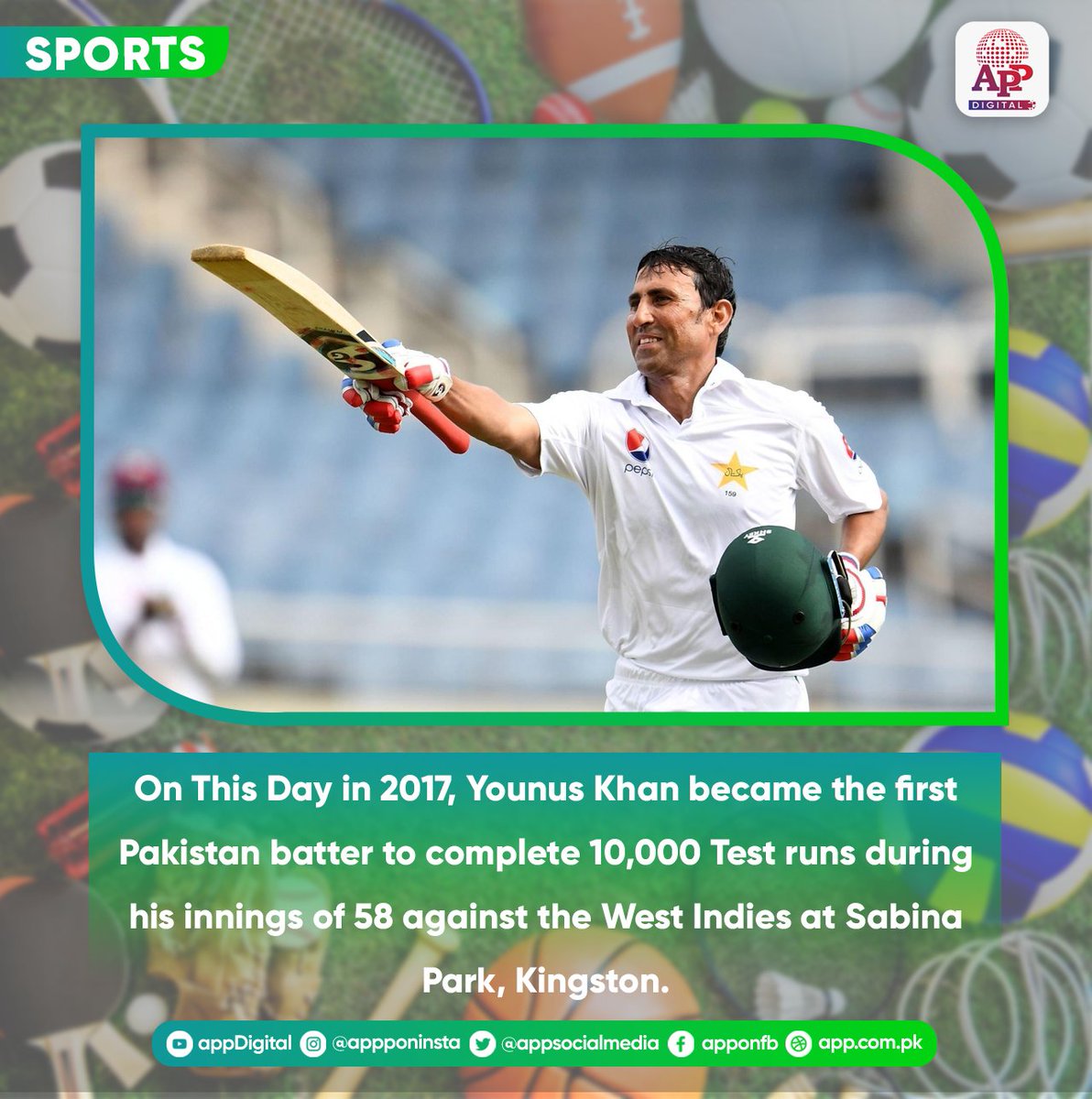 🗓️ #OnThisDay in 2017, @YounusK75 became the first Pakistan batter to complete 1️⃣0️⃣,0️⃣0️⃣0️⃣ Test runs during his innings of 58 against the West Indies at Sabina Park, Kingston. #Pakistan #Cricket #YounusKhan #Sports