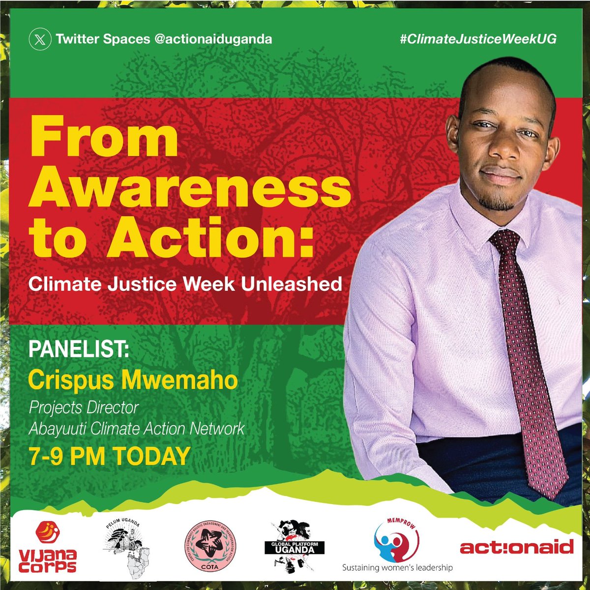 Join our Climate Justice Week of Action #XSpace today featuring @CrispusMwemaho a co-founder of Abayuuti Climate Action Network and a trained youth climate negotiator, Crispus is passionate about adaptation and loss and damage negotiations. #ClimateJusticeUG #FundOurFuture
