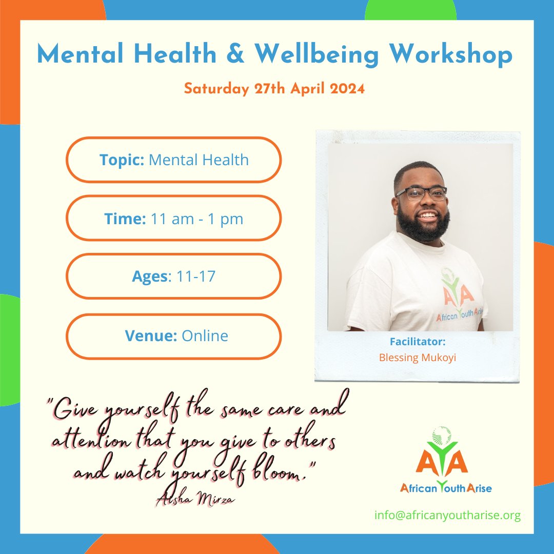 Join us this Saturday, for an enriching online session on mental health and wellbeing, facilitated by the inspiring Blessing! We are looking forward to learning strategies to manage our mental health and wellbeing with you #AfricanYouthArise #MentalHealthMatters #YouthEmpowerment