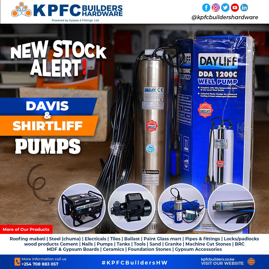 KPFCBuildersHw's tweet image. Trust KPFC Builders Hw for your top-notch Dayliff products... Whether you need reliable water pumping solutions or efficient power generation, we&apos;ve got you covered. 
#DavisAndShirtliff 
 #QualitySolutions
#KPFCBuildersHw
Place your orders! 
 📞 0708 883057 
📧 sales@kpipes.co.ke
