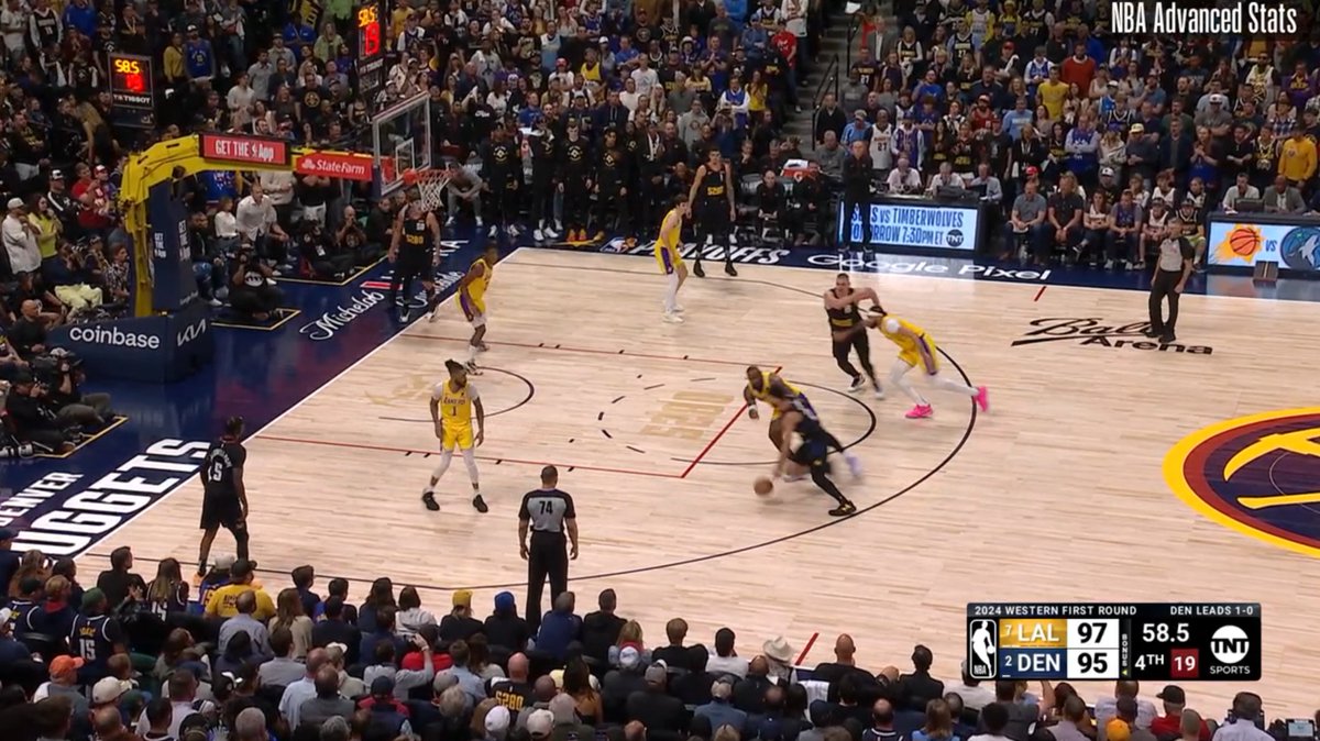 TrevorLane's tweet photo. 2 time outs left, no reason not to challenge this. Worst-case you lose the challenge but draw up your next offensive possession and get your guys a rest.

Also, why is DLO on the floor here? This was out of a DEN timeout. Easy situation to make an offense-defense sub. https://t.co/Jnd6kU2HKa