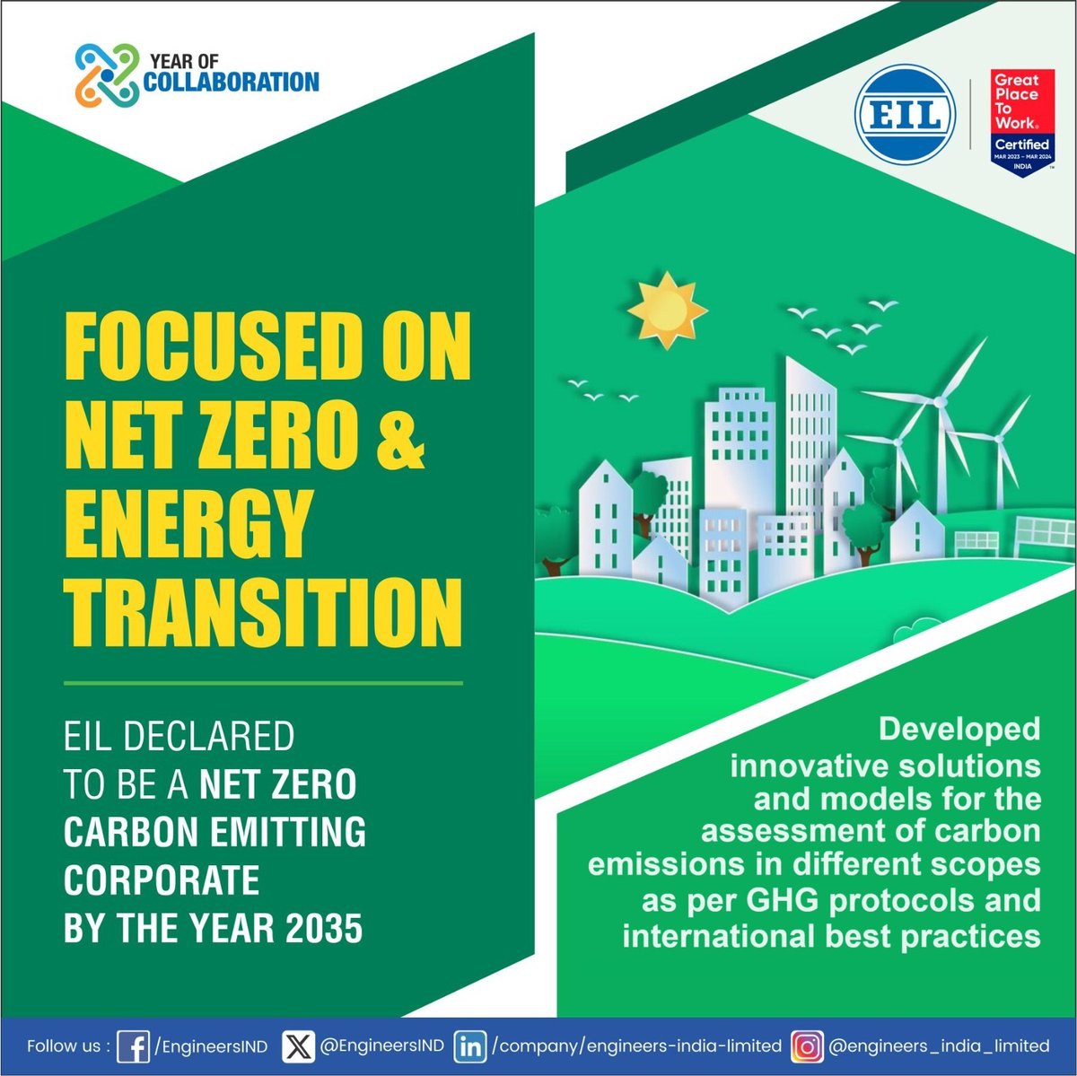 As a responsible corporate citizen, EIL declared to become a net zero carbon emitter by the year 2035. Owing to its vast experience of executing legacy projects in the energy sector, EIL is well placed to address the emerging needs of assessing GHG emissions for industries and