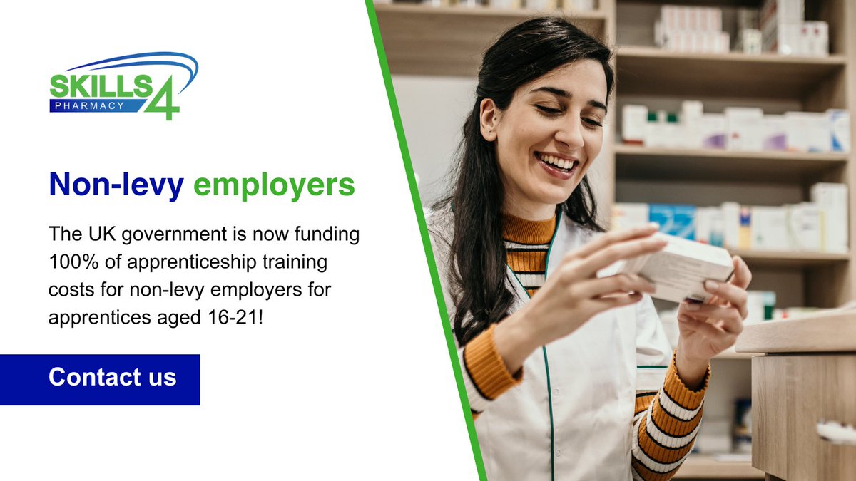 The UK government is now funding 100% of apprenticeship training costs for non-levy employers for apprentices aged 16-21! Level 2 & 3 Pharmacy Apprenticeships: ◾ 0% co-investment for apprentices under 22! ◾ Only 5% for those over 22. Contact us today at bit.ly/3JkhNOF