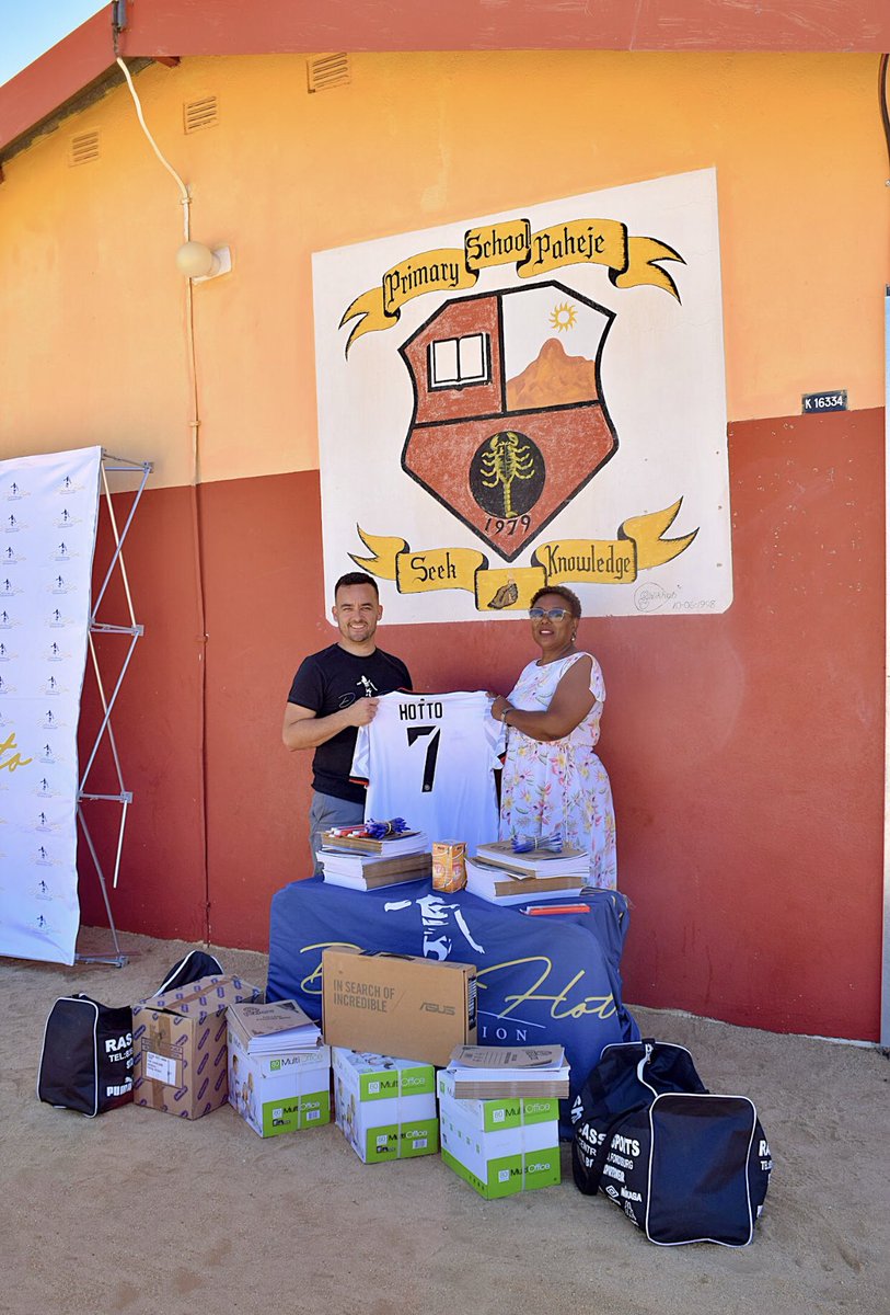 𝗗𝗘𝗢𝗡 𝗛𝗢𝗧𝗧𝗢 👏

The Deon Hotto Foundation has generously donated Paheye Primary School in Omaruru, Erongo Region with netball and soccer team kits, a laptop for the school’s administration, and essential stationary supplies for learners valued at N$30,000.