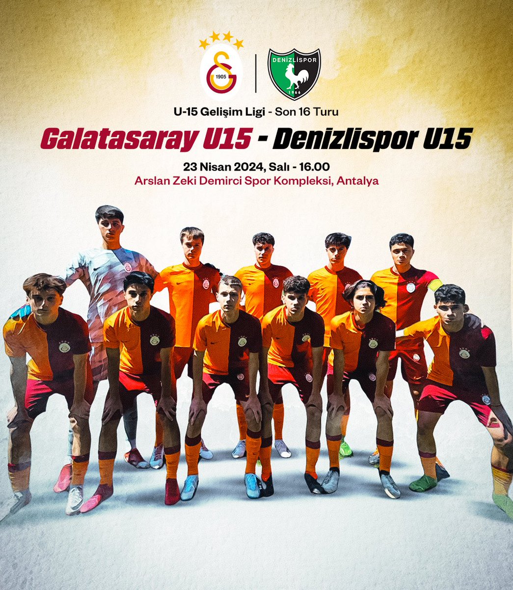 🏆 U15 Gelişim Ligi Son 16 Turu
🆚 Denizlispor U15 
📆 23.04.2024
🕐 16.00 
🏟 Arslan Zeki Demirci Spor Kompleksi, Antalya

Başarılar #GençAslanlar! 🦁