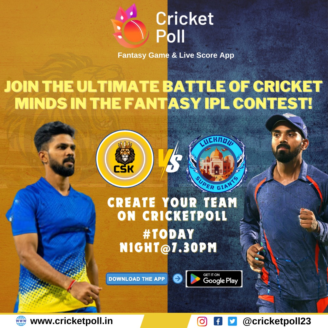 cricketpoll23's tweet photo. "Unleash your cricket expertise in the fantasy arena and emerge victorious! 🏆 #FantasyCricket #WinBig 
#FantasyContest #cricketfans
#Helicopter #14yearsofdarling #zerodha #CoolieTitleTeaser #cskvsvsg #Dream11 #livestreaming #starsportstelugu #Dhoni #Rajinikanth #KamalHaasan https://t.co/JWfdOKFuxq