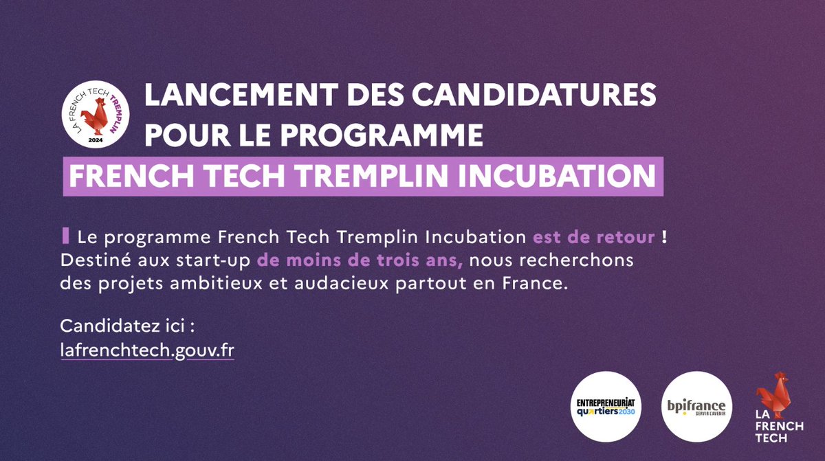 📢 #FrenchTechTremplin Incubation : rejoignez le programme ! 🐓

Une initiative destinée à maximiser les chances de populations sous-représentées dans le monde de l’innovation 🚀

Uniquement pour les startups de moins de 3 ans. ☝️

📆 10 mai
Infos 👉 lc.cx/yx-TlYiAJZB