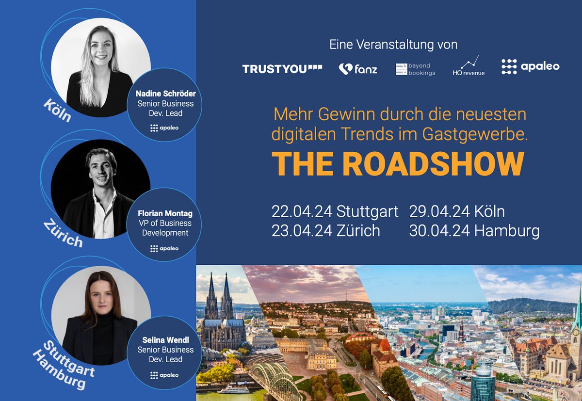 ✨Do you want to learn more about the future of the hotel industry? Join us at an exclusive roadshow. Secure your spot: lnkd.in/da9B8p-f
📍 Zurich, Apr 23, 16:00
📍 Cologne Apr 29, 16:00
📍 Hamburg, Apr 30, 16:00
#HotelInnovation #TrustYouRoadshow