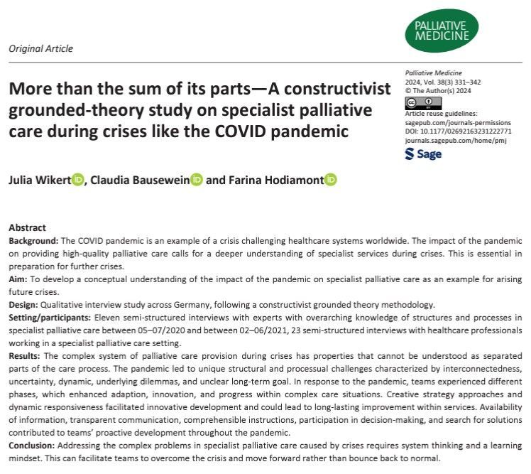 Interconnectedness, uncertainty, dynamics, underlying dilemmas, and unclear long-term goals characterize the impact of crises and increase the complexity of specialist palliative care. #hpm #hapc #palliativecare buff.ly/44aumWr