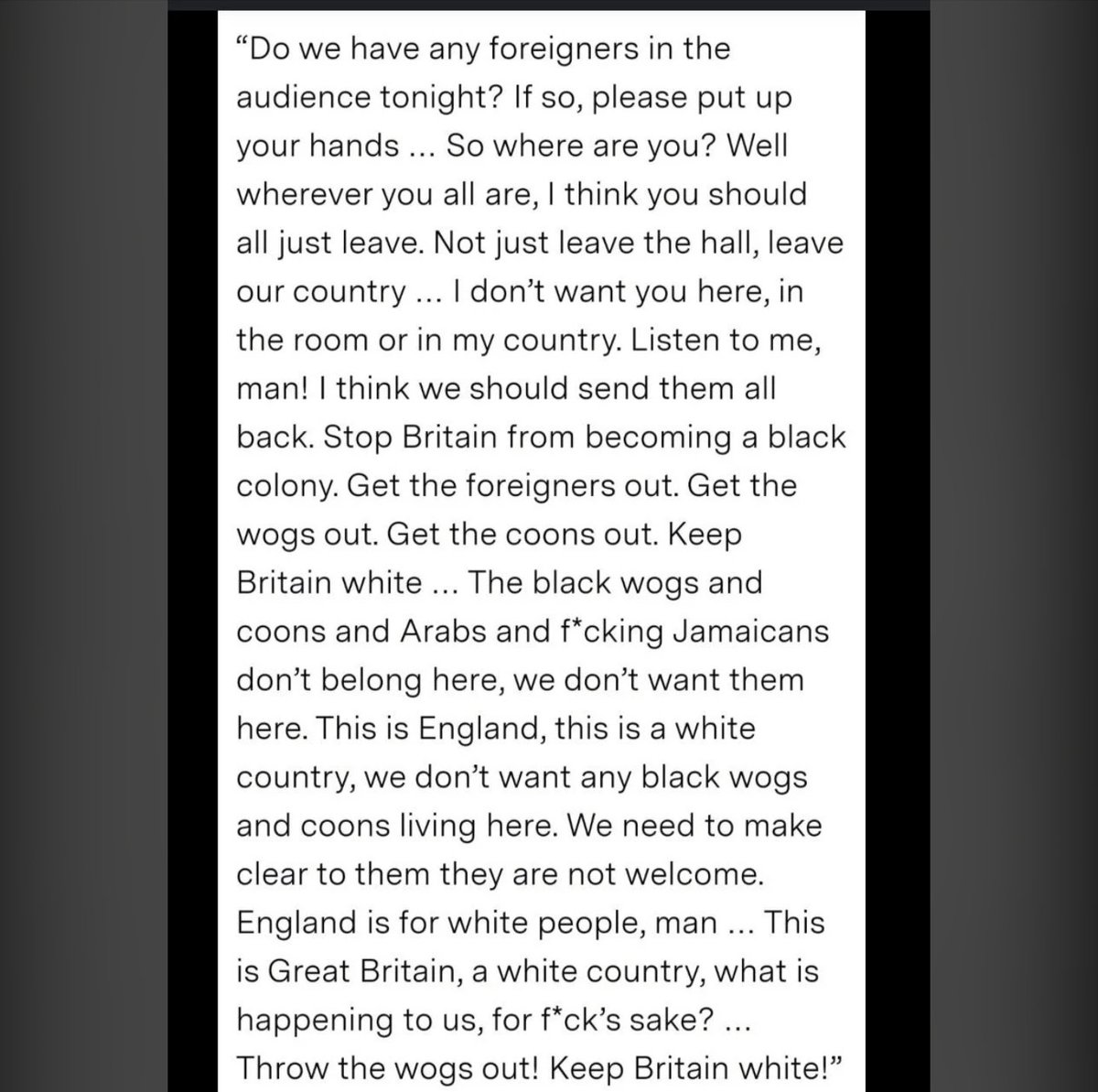 I see @EricClapton is touring again, so it seems timely to remind you he is a vile, far-right racist who previously supported Enoch Powell. For those who don't know, below is his rabidly racist rant from 1976. I strongly advocate people boycott his tour, music and other ventures.