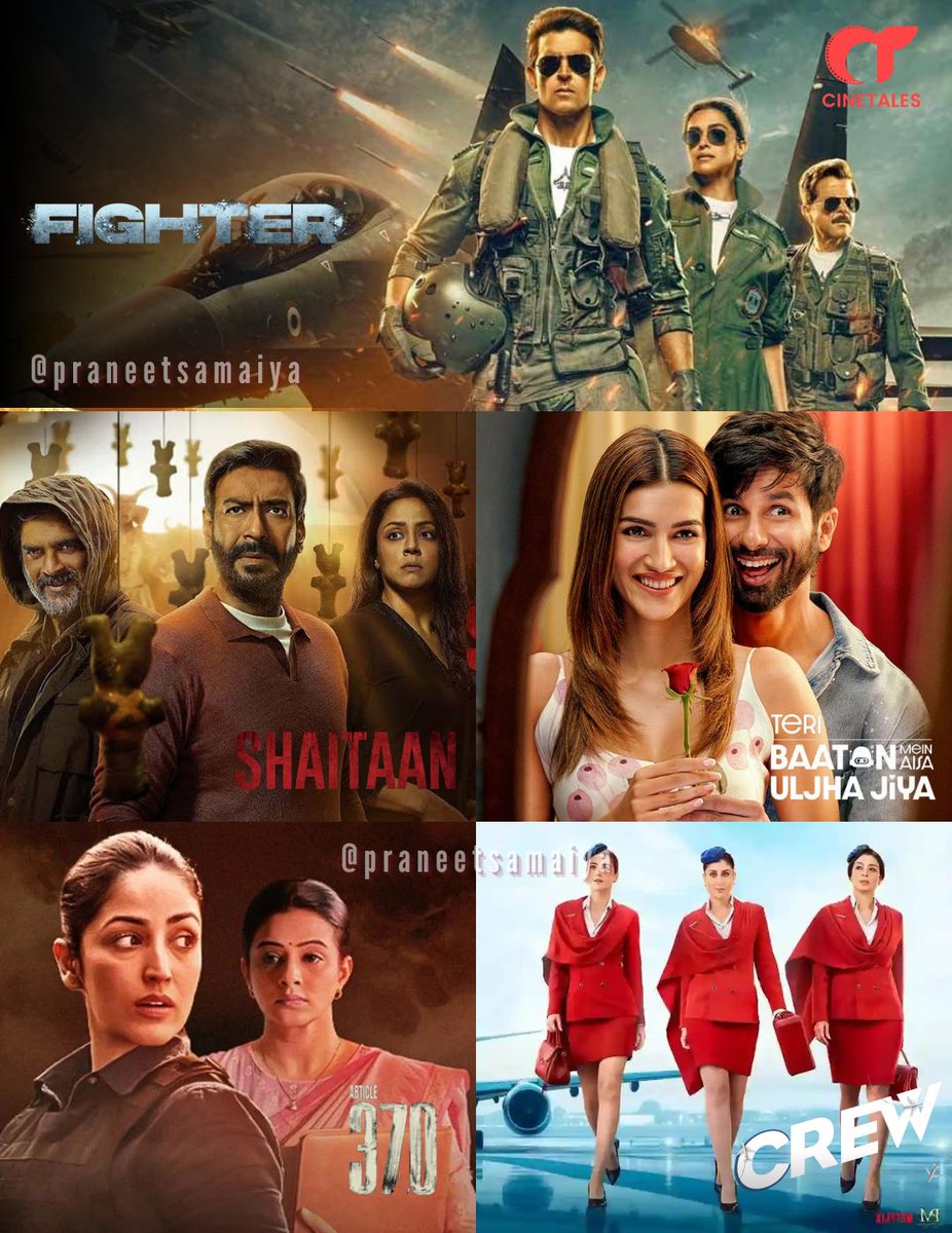 Top 5 #Bollywood films 2024 in the first quarter 🌟#Fighter Rs 215 crore 🌟#Shaitaan Rs 148 crore 🌟#TBMAUJ Rs 87 crore 🌟#Article370 Rs 84 crore 🌟#Crew Rs 77 crore All #BoxOffice collection #India nett