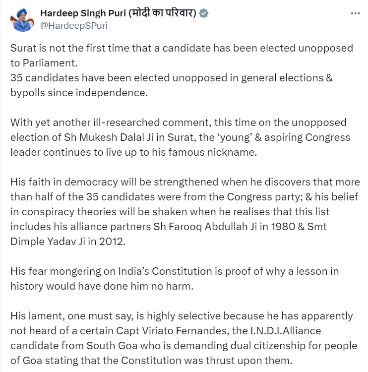 Union Minister Hardeep Singh Puri hits out at Congress; tweets, 'Surat is not the first time that a candidate has been elected unopposed to Parliament. 35 candidates have been elected unopposed in general elections & bypolls since independence. With yet another ill-researched