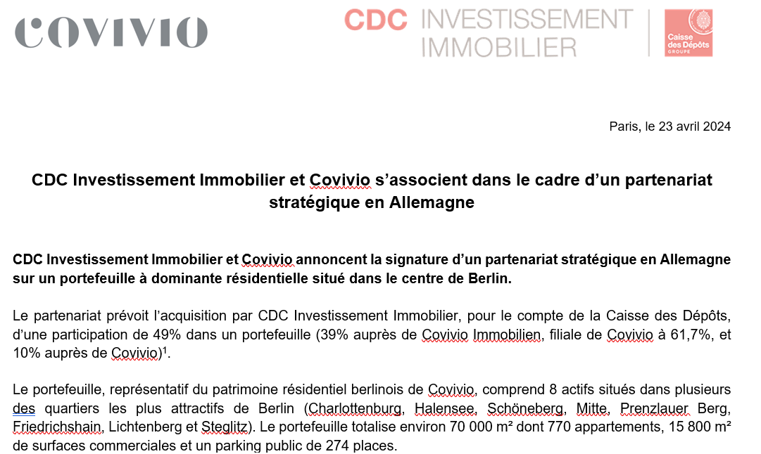 Pour le compte de la @caissedesdepots #CDCInvestissementImmobilier acquiert auprès de @covivio_   49% d'un portefeuille de 8 actifs situés dans plusieurs des quartiers les plus attractifs de Berlin
#assetmanagement #immobilier
urlz.fr/qnoN