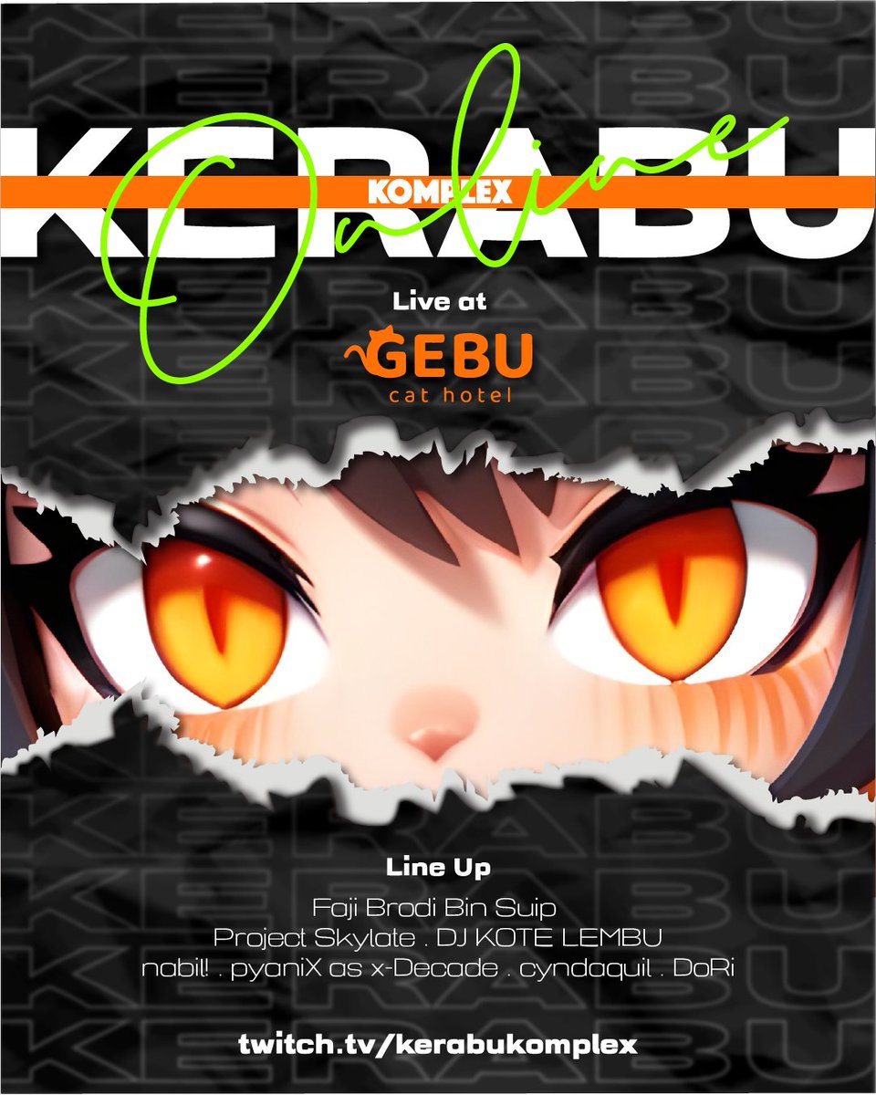 ケラブ 𝑲𝑶𝑴𝑷𝑳𝑬𝑿 (@kerabukomplex) on Twitter photo 27 April (Sat): 7pm - 11pm
twitch.tv/kerabukomplex
DJ livestream from <a href="/gebucathotel/">Gebu Cat Hotel</a> ! 27 April (Sat): 7pm - 11pm
twitch.tv/kerabukomplex
DJ livestream from <a href="/gebucathotel/">Gebu Cat Hotel</a> !