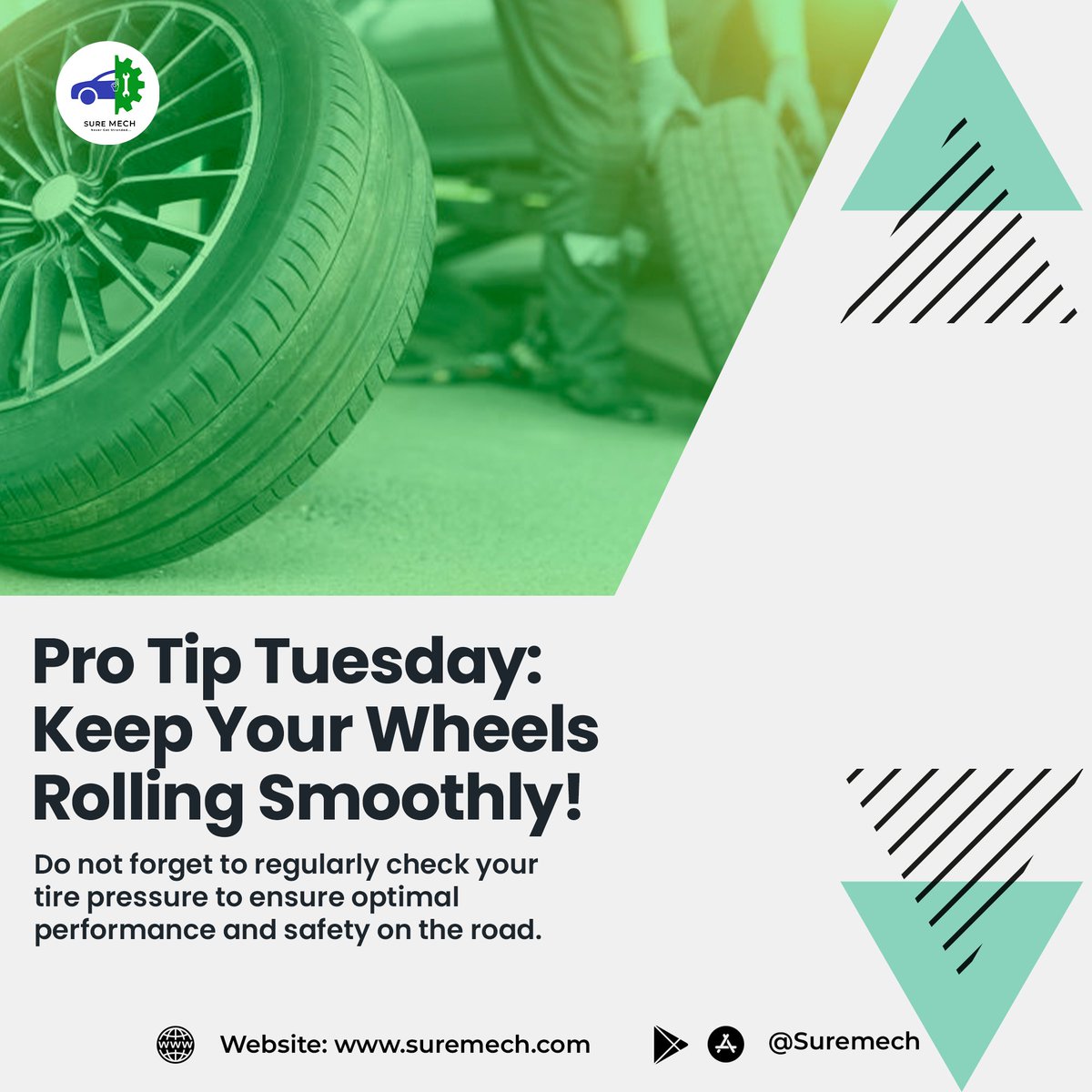 🛠️ Pro Tip Tuesday: Keep your wheels rolling smoothly! ✅ Don't forget to regularly check your tire pressure to ensure optimal performance and safety on the road. 
Need a hand? Sure Mech's got you covered! 🚗💨 
#protiptuesday #CarCare #suremech