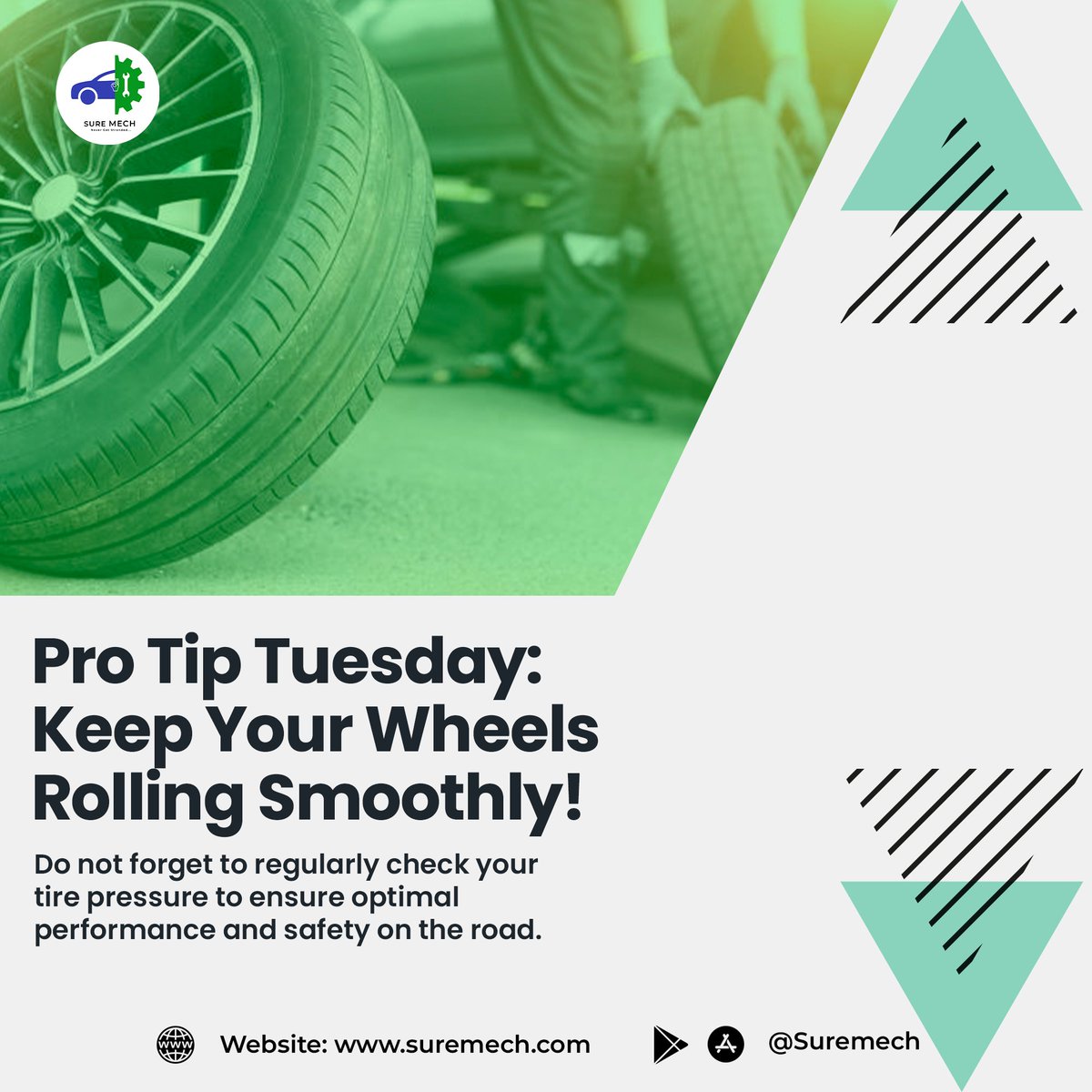 sure_mech's tweet image. 🛠️ Pro Tip Tuesday: Keep your wheels rolling smoothly! ✅ Don't forget to regularly check your tire pressure to ensure optimal performance and safety on the road. 
Need a hand? Sure Mech's got you covered! 🚗💨 
#protiptuesday #CarCare #suremech