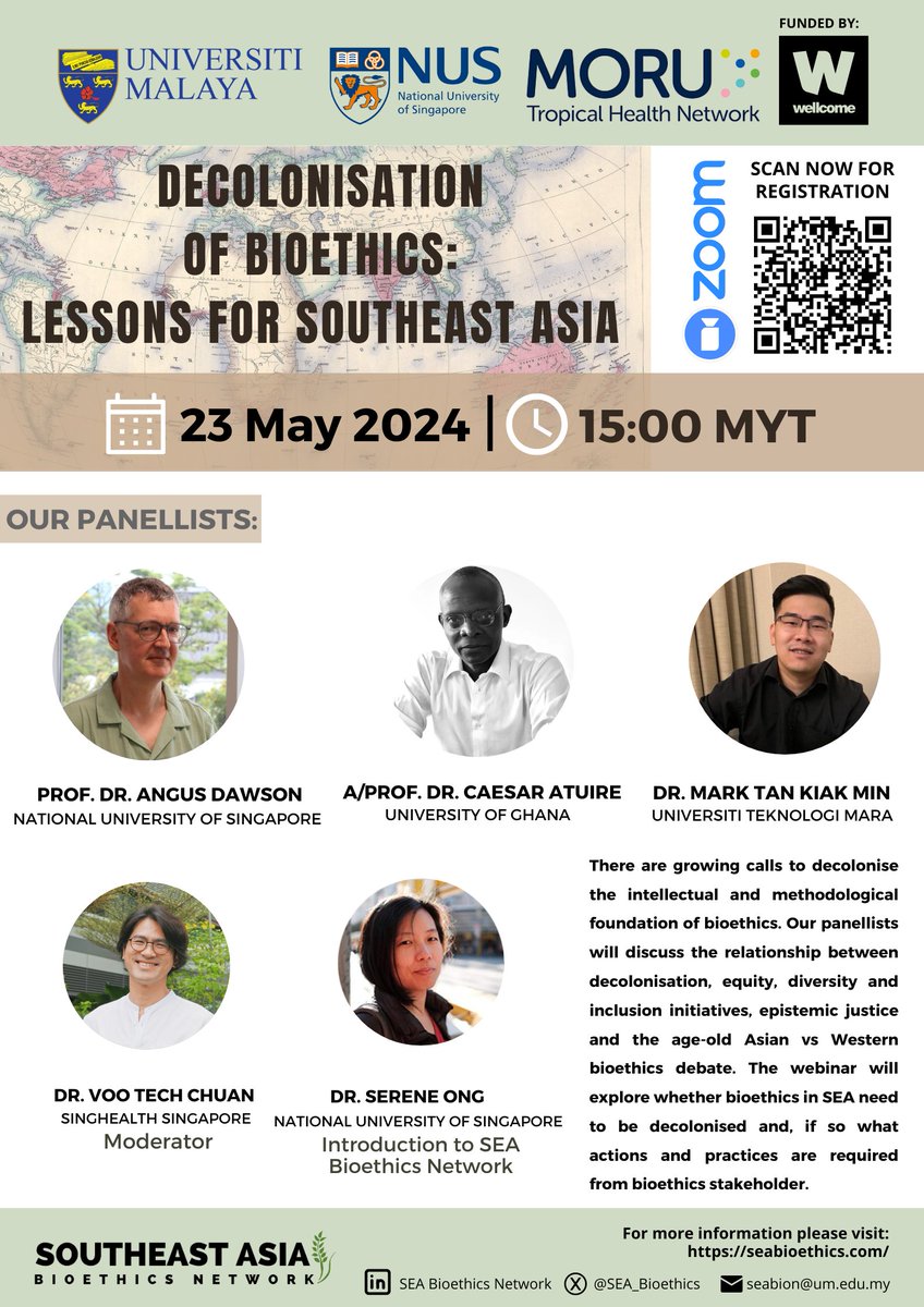 We are pleased to announce our upcoming event that will set you thinking about the direction of bioethics in Southeast Asia.

Scan the QR code in the image or click the link zoom.us/meeting/regist…  and register now!

📷#decolonisation #bioethics #southeastasia #webinar