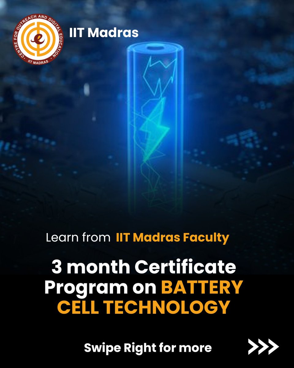 The world is moving towards EV, and battery technology is at the heart of it all. ⚡️ CODE IIT Madras 3 month certification program in Battery Cell Technology is your chance to deep dive into the science and engineering that's driving the EV revolution.