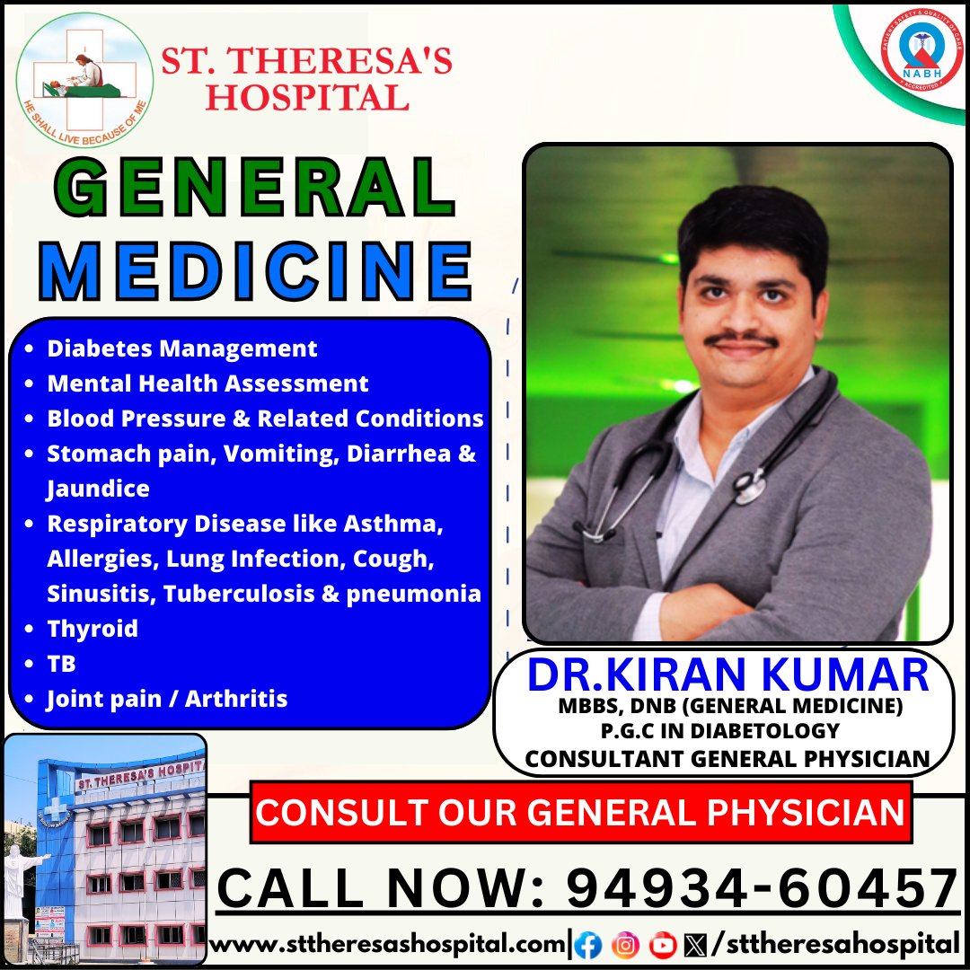 'GENERAL MEDICINE'

CONSULT OUR GENERAL PHYSICIAN NOW

👉 For Appointment call us on: 9493460457
👉For More Details Do Visit: sttheresashospital.com

#sttheresahospital #GeneralPhysician #DoctorLife #HealthcareProvider #MedicalConsultation #PrimaryCare #FamilyDoctor