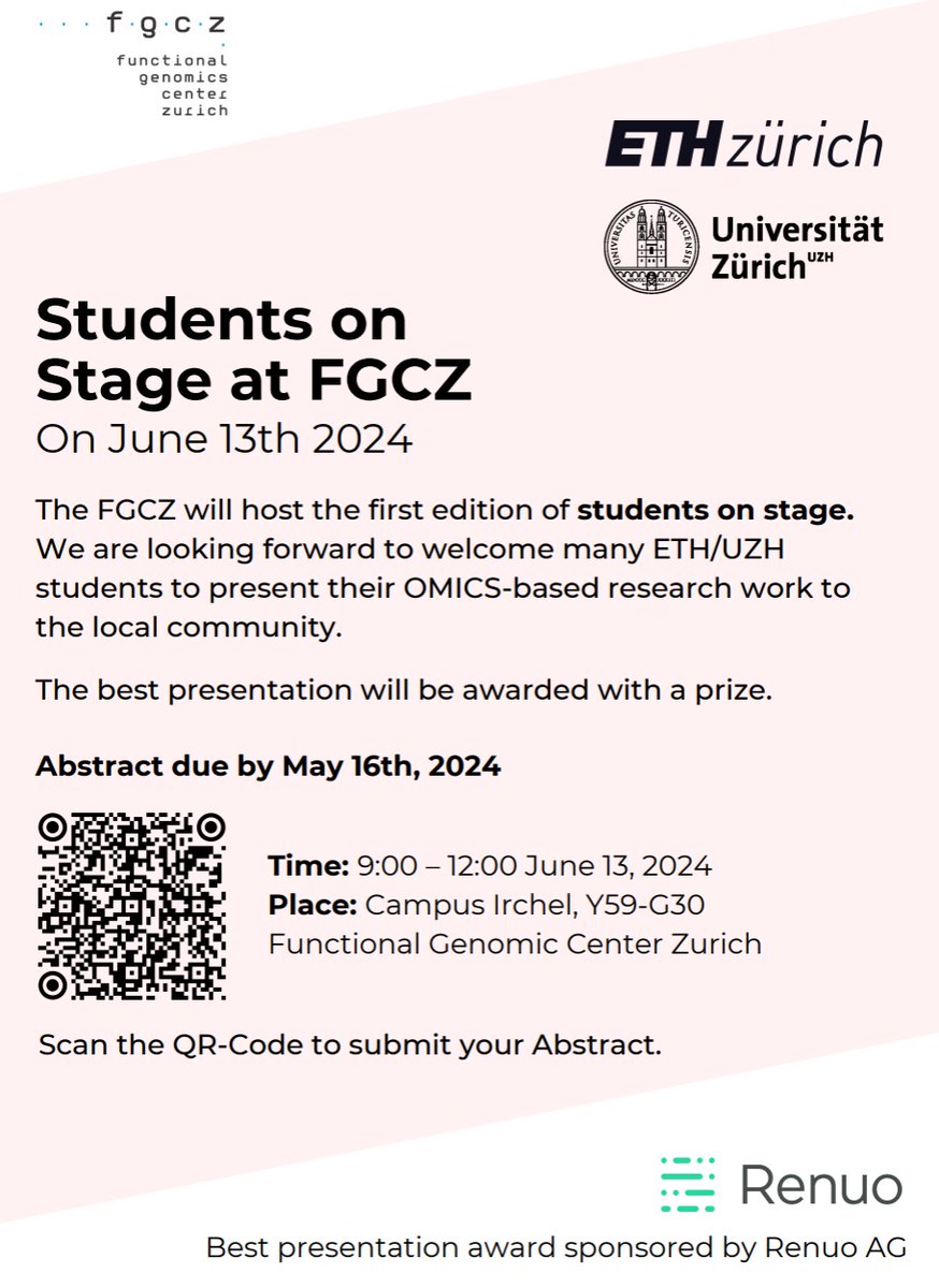 Are you a student? Are you working with FGCZ?

We are gearing up to host the first edition of 'Students on Stage.' This event aims to inspire Master's and PhD students to present their OMICS-based research

More info about registration and prizes here: docs.google.com/forms/d/e/1FAI…