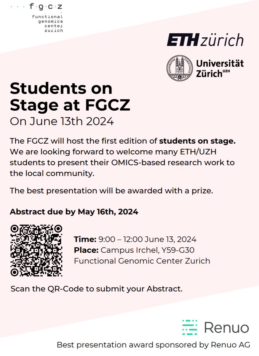 Are you a student? Are you working with FGCZ? We are gearing up to host the first edition of 'Students on Stage.' This event aims to inspire Master's and PhD students to present their OMICS-based research More info about registration and prizes here: docs.google.com/forms/d/e/1FAI…