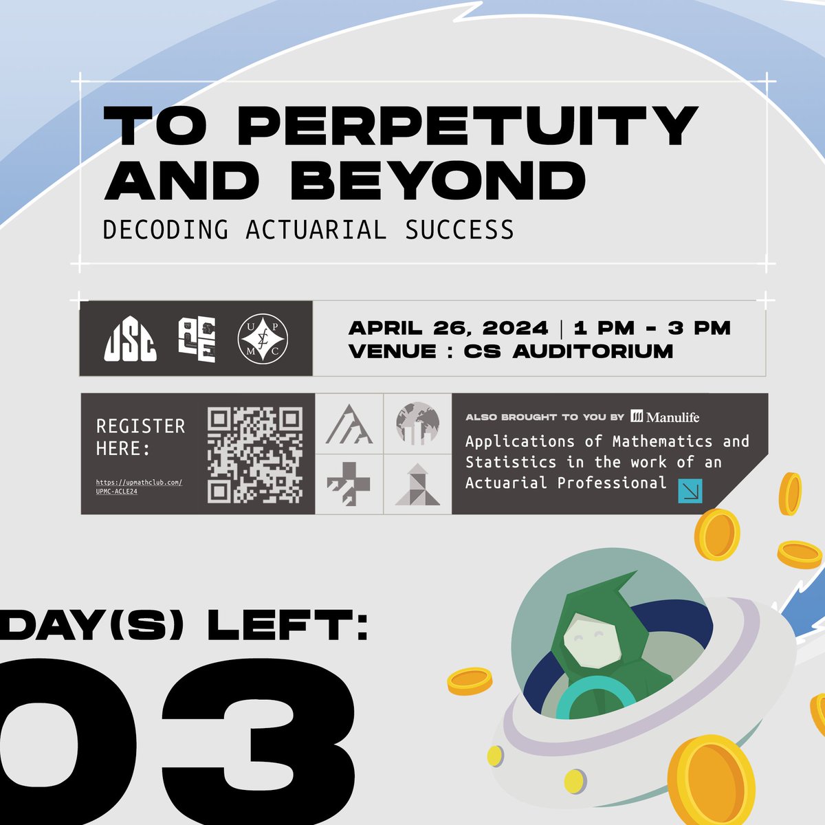 upmathclub's tweet photo. Decoding… 3 days left 🧑🏻‍💻

T-3 days until we blast off to 'To Perpetuity and Beyond'! 🚀 Get ready to decode the secrets of actuarial success with us!

You may register here:
https://t.co/OhapRWzHEE

#GoogolLearns
#ToPerpetuityAndBeyond
#ACLE2324
#DefendAcademicFreedom https://t.co/5S1ZKRqNI9