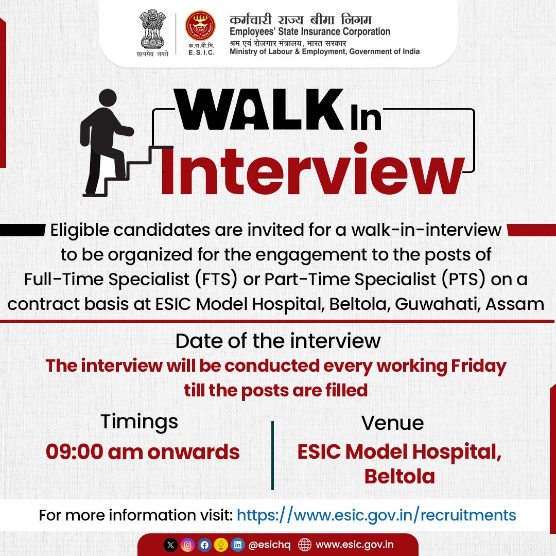 All the eligible candidates are invited to attend a walk-in interview to be organized for the appointment to the post of Full-Time Specialist (FTS) or Part-Time Specialist (PTS) on a contract basis at ESIC Model Hospital, Beltola, Guwahati, Assam.  

#JobAlert #JobOpportunities