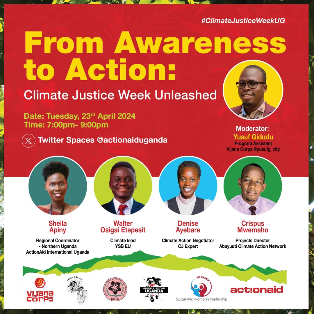 Today's Space will be moderated by @yusufg_City from @vijanacorps. With a background in empowering youth and advocating for social causes, Yusuf brings valuable insights to our discussion on climate Justice. #ClimateJusticeUG