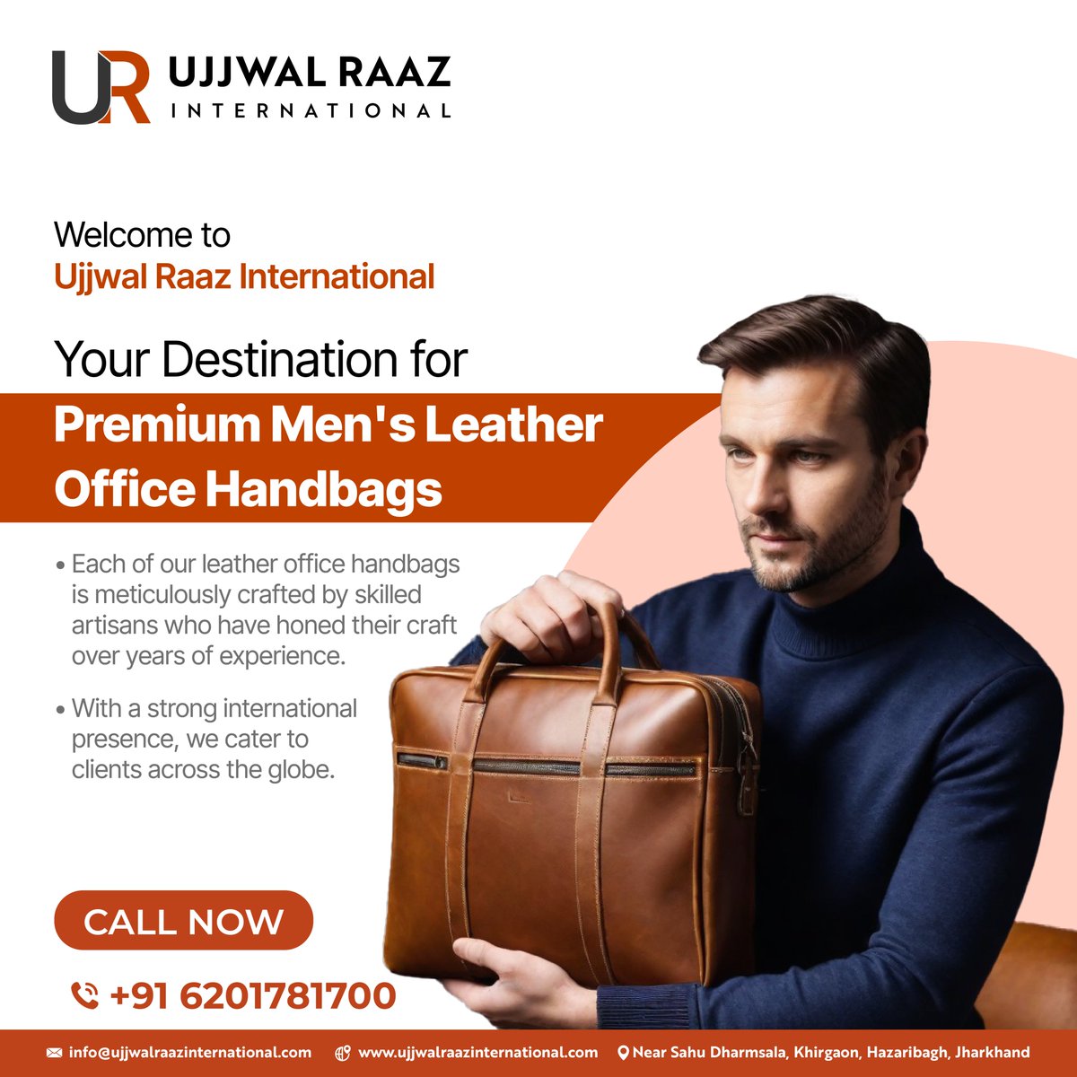 Elevate your office attire with #UjjwalRaazInternational premium men's leather handbags. 
Crafted for style and functionality, our #handbags are a must-have accessory for the modern professional. Explore our collection today! 
#MensFashion #LeatherHandbags