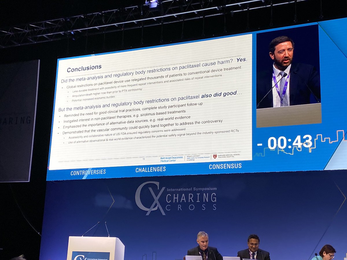 .@EricSecemskyMD reports that the meta-analysis and regulatory restrictions on #paclitaxel devices did cause patient harm, with higher major amputation and death in US #PAD patients in the post-paclitaxel controversy period #CX2024